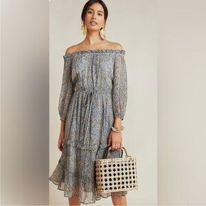 NWOT Anthropologie Kira Off The Shoulder Peasant Dress Size M Blue & Yellow 🩵💛